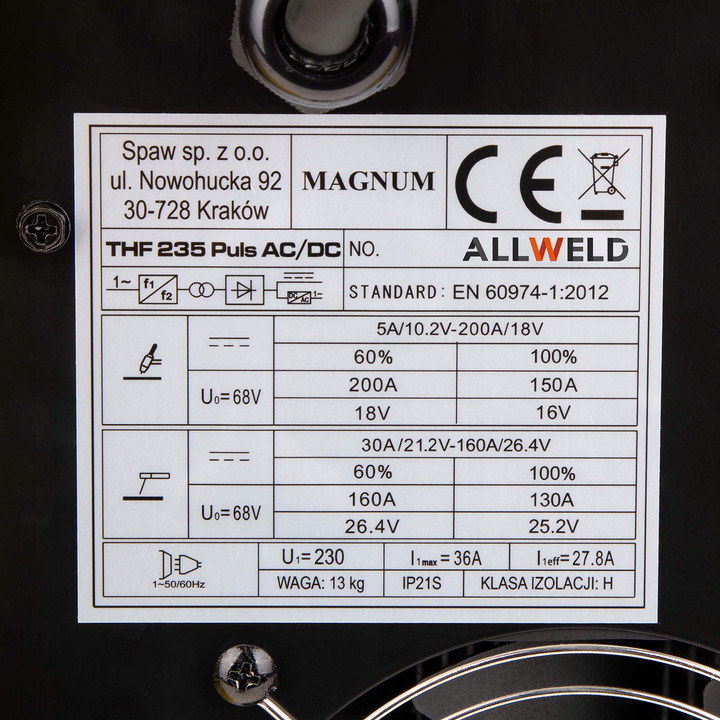 SPAWARKA TIG AC DC MAGNUM THF 235P PULS MMA 230V 200A ALUMINIUM IGBT HF