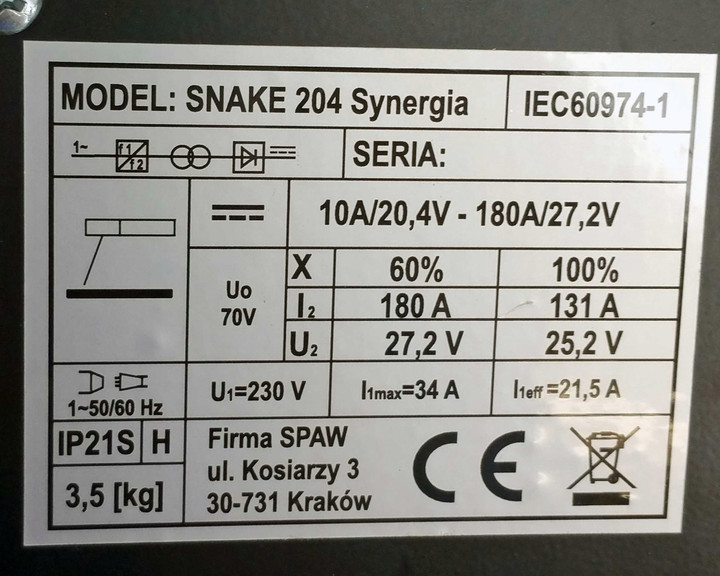 Spawarka inwerterowa MAGNUM Snake 204 SYNERGIA DIGITAL 180A #101