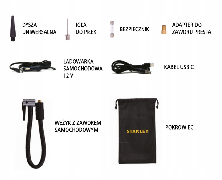 Kompresor Akumulatorowy Stanley SXIF0101 4w1 (10 Bar, Powerbank, Latarka LED)