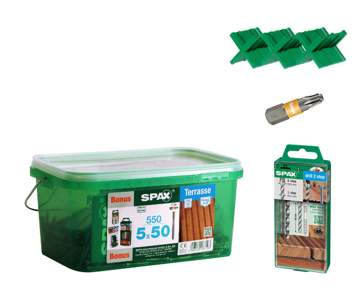 WKRĘT DO DESKI TARASOWEJ SPAX D, ŚR. 5,0 MM, GŁÓWKA CYLINDRYCZNA, GNIAZDO T-STAR PLUS TX 25, GWINT DOCIĄGAJĄCY, SZPIC CUT, AUSTENITYCZNA STAL NIERDZEWNA A2, 550 SZTUK