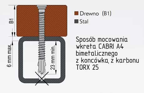 Wkręt tarasowy CABRI, 5,5 mm, główka stopniowa, gniazdo TX 25, gwint pełny, kolor srebrny, stal nierdzewna A4/bimetal, 100 sztuk