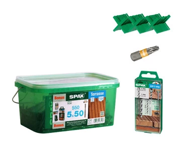 WKRĘT DO DESKI TARASOWEJ SPAX D, ŚR. 5,0 MM, GŁÓWKA CYLINDRYCZNA, GNIAZDO T-STAR PLUS TX 25, GWINT DOCIĄGAJĄCY, SZPIC CUT, AUSTENITYCZNA STAL NIERDZEWNA A2, 550 SZTUK